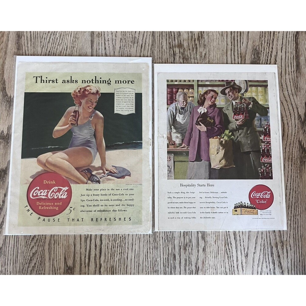 1940 & 1948 COCA COLA Genuine Vintage Print Ads Coke Soda Pop Girl on Beach